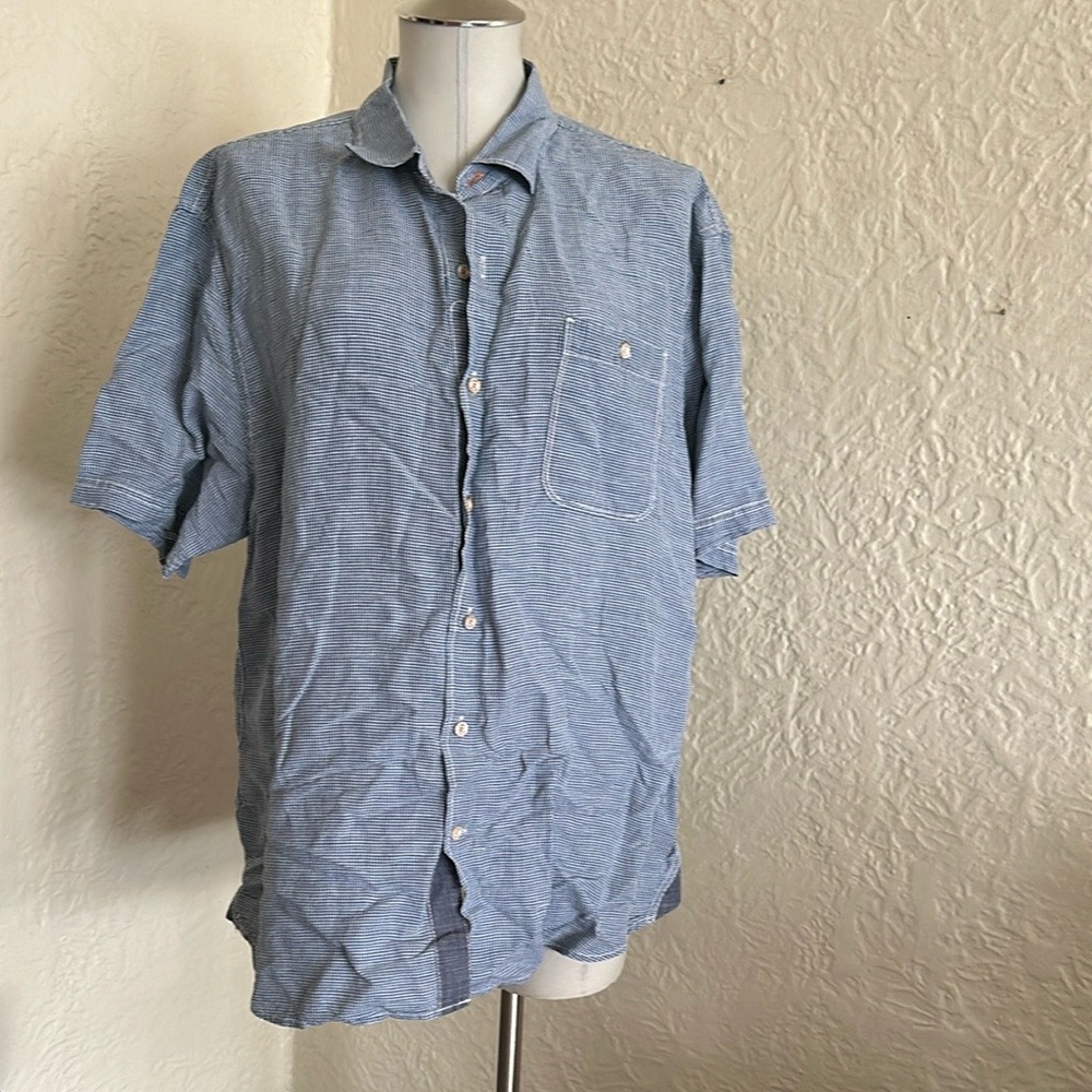 Tommy Bahama Blue White Gingham Short Sleeve Linen Blend Button Up Shirt  XL